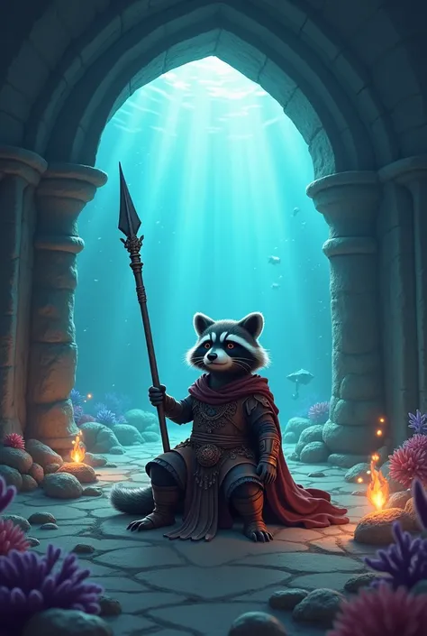 a raccoon sitting on a thrown looking at the camera holding a spear wearing a warrior suit guarding the gate surrounded by magical creatures. Deep beneath the waves lies a grand underwater kingdom made of shimmering coral palaces and glowing