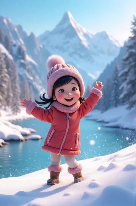 A asian girl playing snow.happily .behind river and mountain .disney .3d cartoon