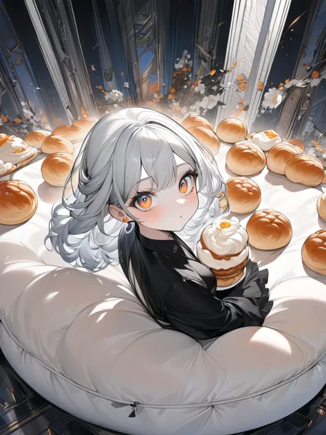 masterpiece:1.3,  anatomically correct:1.3,  Ultra High Definition:1.3,  high-definition face :1.3, 4K:1.3, whole body, hangiball,  huge number of small cream puffs, small cream puff background :1.3, super fine illustration:1.2,  1 woman:1.3, solo:1.3,  cu...