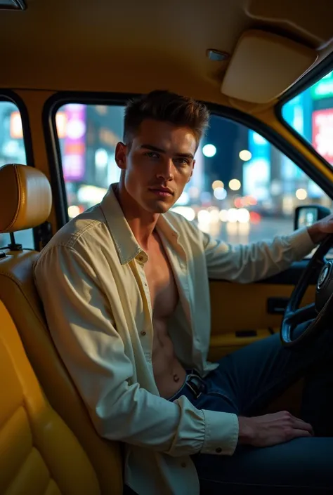 A tall, hot, handsome, muscular young man in his 20s works as a taxi driver, sitting behind the wheel of a sleek, modern yellow taxi in the heart of a bustling city. His smooth white skin contrasts with the glow of the streetlights and neon signs outside, ...