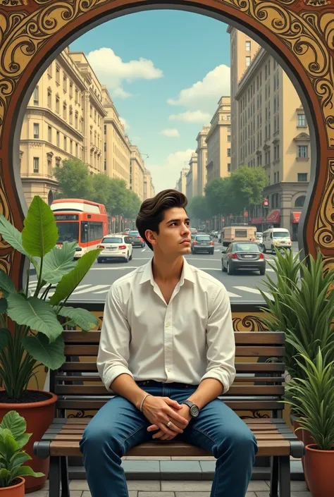 (photorealism:1.2),  man, sitting on the bench, wearing white shirt , blue jeans,  stylish hair,, plants in background, while cars and buses are passing through  Alphonse Mucha