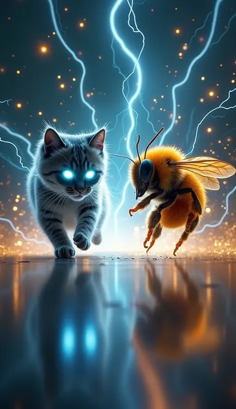 The cat and the bee faced each other on the screen running quickly towards the camera in the middle of the two, white electric light emitted from its eyes, then its entire body was surrounded by electric light, the two ran faster and faster, and merged tog...