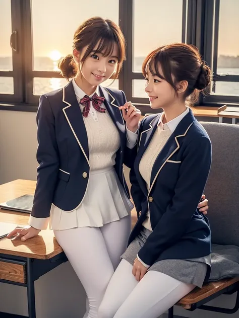 Two Women .(sunset).window (8k)  Inside  desk room. Winter. Hair pins ribbon. Lace . Navy blazer uniform. leggings. White . Sit sofa. table  (eat cookie) . Line-up. Happiness.shorthair