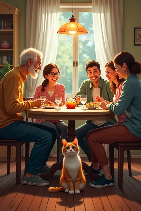 A happy family of 7 people (an old man, an old woman, a man, a woman, a 20-year-old boy, a 14-year-old girl and a ) is having lunch at a round table. And under the table sits a red-and-white small cat, similar to Orion the cat from the movie Men in Black, ...