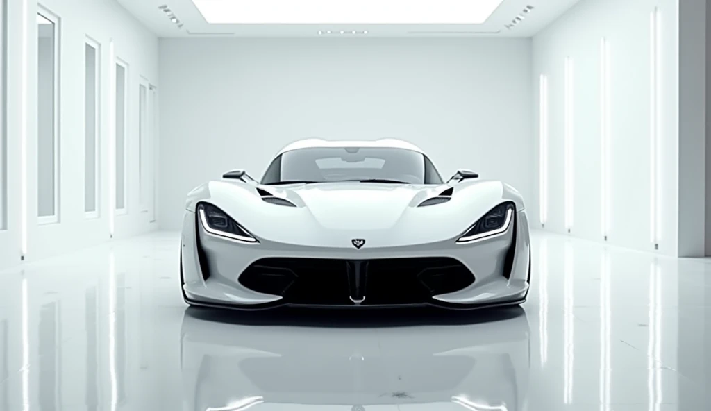 A captivating and futuristic image of the Dodge Viper 2025  takes center stage in a luxurious white showroom. The car is painted in a  striking vibrant White showcasing its Front, aerodynamic design with bold accents that highlight the cutting-edge innovat...