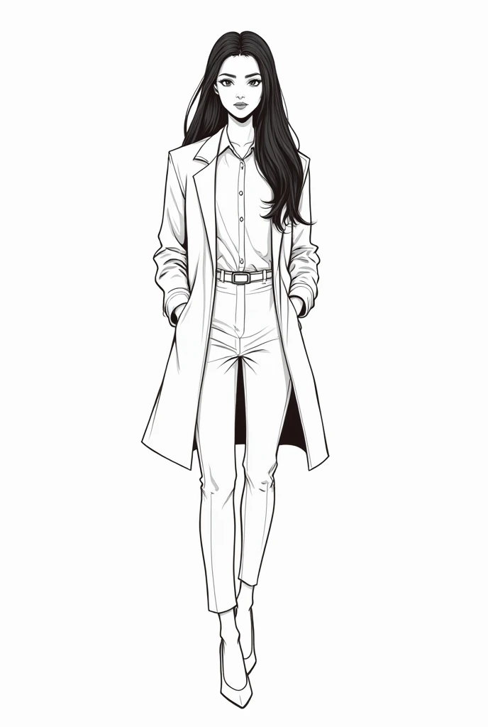  in coffee shop woman , Long Hair, black Hair, simple drawing ,  white Womens coat and long pant  , she look like cool type , no smile  ,simple drawing , business woman  , stand up