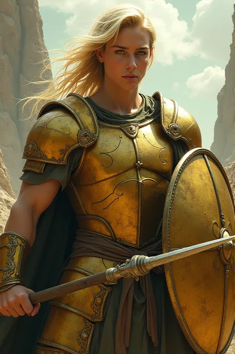 Green-eyed blond warrior, shield, spear,  golden armor 