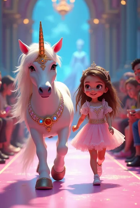 A little cute girl had a cute unicorn in the fashion show 