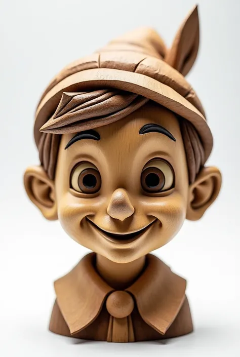 3D cedar wood carving of the head of Pinocchio looking at the camera , single wooden color material, white background, front view , Light worthy of a professional studio  --ar 9:16 --style raw --personalize hjg4zhm --stylize 1000 --v 6.1