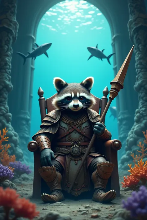 a raccoon sitting on a thrown looking at the camera holding a spear wearing a warrior suit guarding the gate surrounded by magical creatures. Deep beneath the waves lies a grand underwater kingdom made of shimmering coral palaces and glowing. add 2 sharks ...