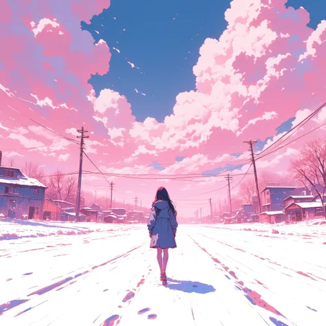 Pink illustration, Snow, Sample, Universe, Foot Prints, Foot Prints on snow, American Town, Higher and higher, Very detailed and good drawing, Center, 4, Cloudy Sky, Nice picture, Georgia, Columbia, Alice in Mirrorland
A beautiful woman walks on a snowy ro...