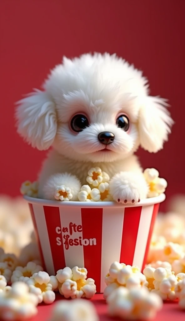 Tiny white poodle puppy , The size of a thumb ,  Inside a popcorn bucket written cute session, hyper realistic