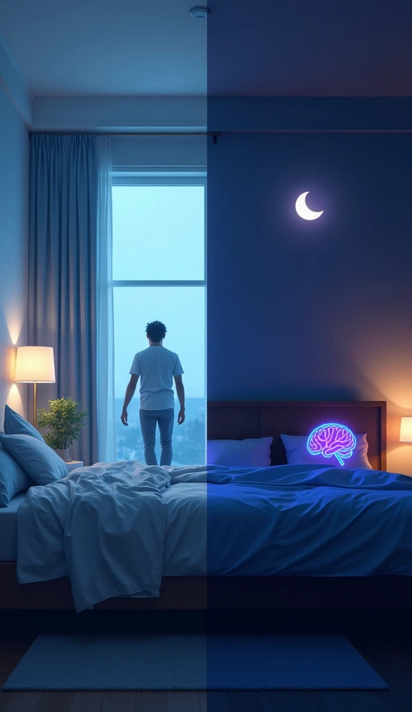 A split-screen image comparing a bright, well-lit bedroom on the left and a completely dark, peaceful bedroom on the right. The bright room has harsh white light and an awake atmosphere, while the dark room features a serene and cozy feel with soft shadows...