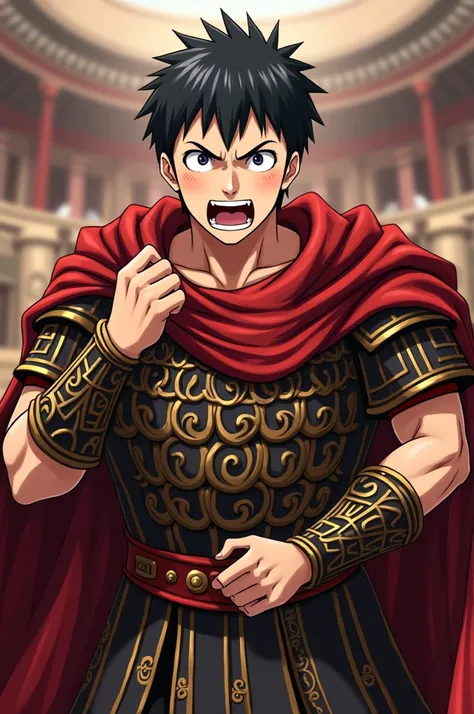  top quality,  greatest masterpiece,  highest resolution，（Caesar），（Roman Officer Centurion armor）（Parliament_background），Screaming facial expression， angry ， short hair ，Black Hair，Shaved Face，Middle-aged，male， anime style, Alone， ((whole body)) ， Nobunaga...