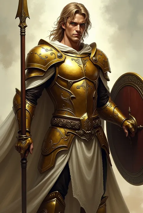 warrior man,  looking at a penetrating , light brown hair,  green eyes , Usando Escudo e Lança,  golden armor  (com desining rpg)