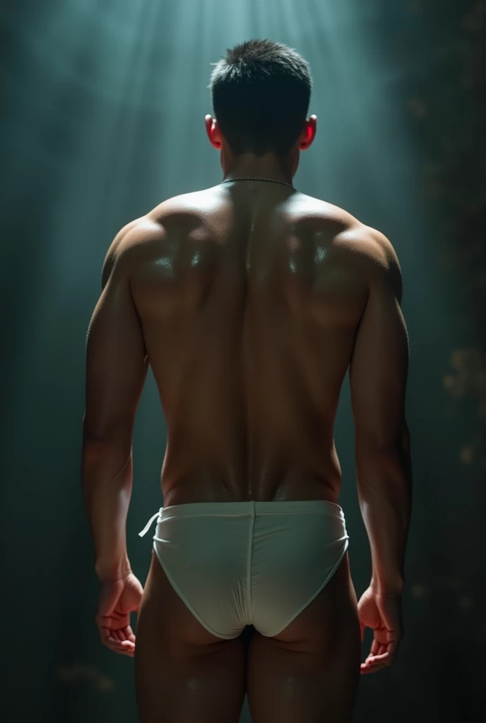 a handsome Asian man, he is wearing a springy white tank top, wet, standing on his back showing his ass, dramatic lighting, hyper-realistic, 8k, high quality, intricate details, cinematic composition, glowing skin, dramatic atmosphere, moody lightingstandi...