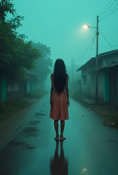 A retro photograph of a Cambodian woman with long messy hair standing on wet concrete rural road, bare feet, Gregory Crewdson style wide format, a single teal street light reflecting on the wet road, rural street around, 8k, cinematic and misty