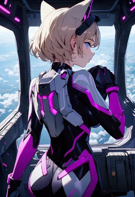 A white woman, wearing a black and purple cat combat suit, athletic build, large breasts, with a helmet with cat ears in her hands, futuristic armor, short light brown hair and pink tips, blue eyes, in an aircraft, back view