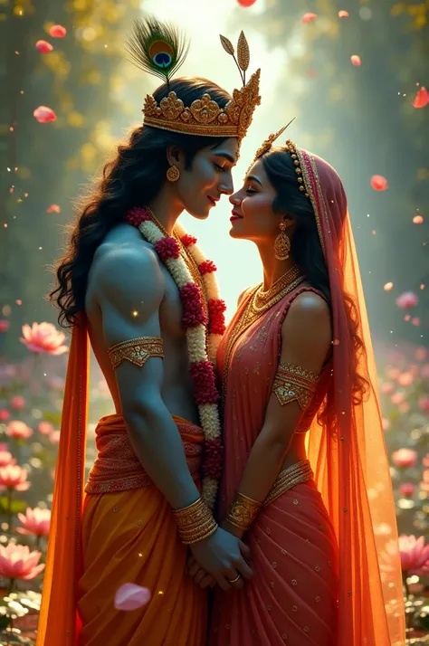 Create a video concept featuring Shree Krishna and Radha that is visually stunning and deeply emotional. Heres a detailed prompt:

1. **Setting**: A celestial garden filled with blooming lotuses, flowing rivers, and golden light radiating a divine glow. Th...