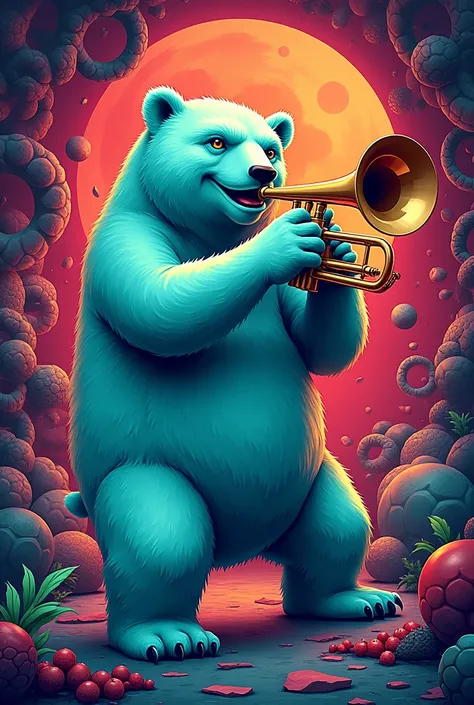 Electro-swing music poster with flamboyant and snippy colors, featuring teal polar bear playing trumpet 