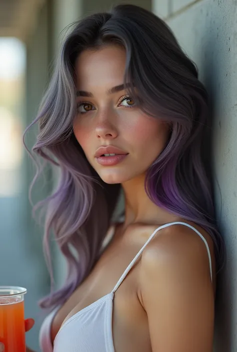 full body, full reality ,  Vlada Glukhova dark gray hair with violet highlights long a little bit of curls,   brown eyes beige lips bloss professional makeup ,  leaning against the wall , With a juice  