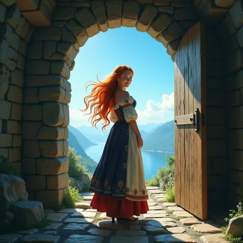 A Door to Another World, dark stone room , wooden floor, tower door ,  open wooden door,  on the doorstep is a young woman with long red hair,  front view,  historical dress ,  behind the womans shoulders bright blue sky , descent from the mountain,  woman...