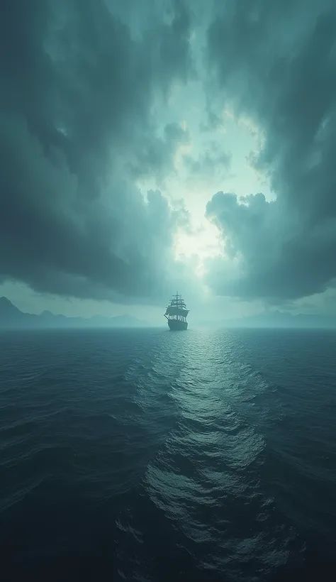  "A vast, empty horizon where the sea meets the sky, stretching endlessly with no land in sight. The ship appears small against the vastness, creating a sense of uncertainty and isolation. The sky is filled with ominous clouds, symbolizing the unknown and ...