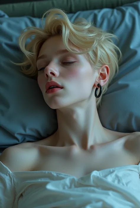 Young man 
tender features blond hair electric blue eyes pale white skin with a black hoop earring on the lower lip lying down listening to music