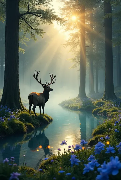 scenario:

 A serene and magical forest in the early morning .  Golden rays of light cross the tall and dense trees ,  creating a play of light and shade on the moss-covered floor .
In the center of the scene,  there is a crystalline lake reflecting the sk...