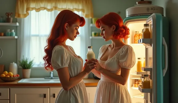  2 full-length girls with big breasts with a redhead retro hairstyle in a sexy unbuttoned kitchen apron, take a bottle of milk from an open refrigerator. Retro kitchen in the background ,  Retro fridge 