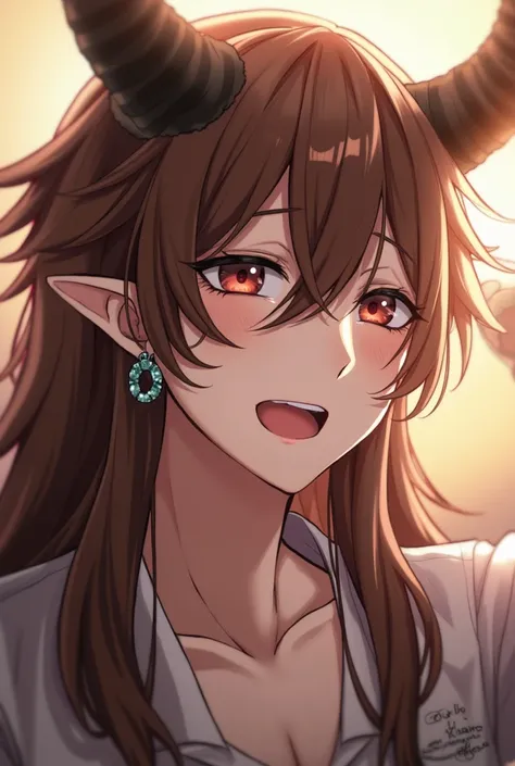  brown hair , Ojos rojos,  long hair , pectorals, jewelry,  Very Long Hair, Horns,  pointy ears , Tears, masculine gender, age 30 years, Without Beard,  hoop earrings ,  Crystal Earrings, blush, smile, heterochromia, ashamed, Yandere, moaning,  American pl...