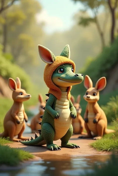  Baby crocodile in a kangaroo costume, standing, Some kangaroos seeing him around him 