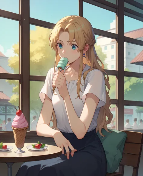 1girl, solo, Liliana Kranjčar, anime, sitting in a cafe, eating ice cream, looking out the window. 