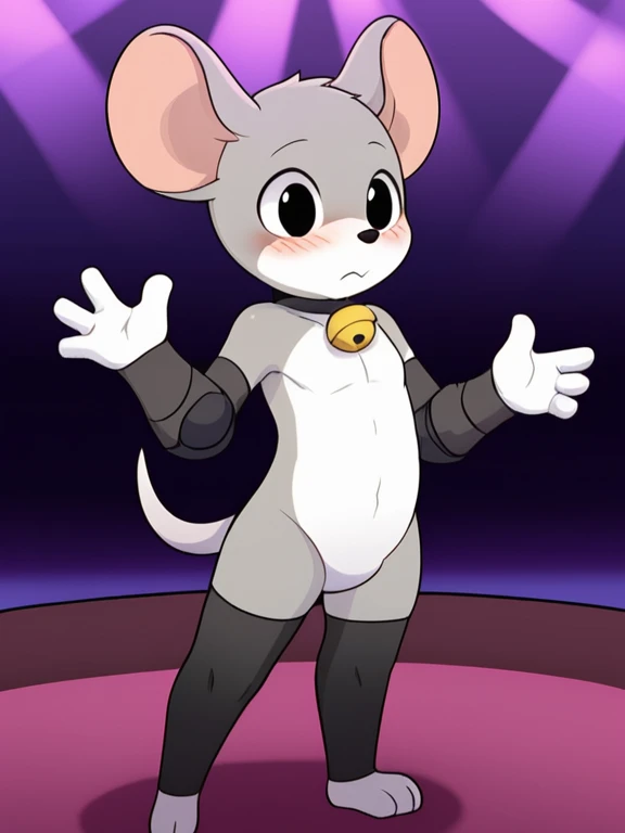   humanoid mouse,Round ears,black eyes, black round nose, Short tail ,Three toes  , four fingers ,  Grey Bodies ,thin, white chest ,White belly,White Hand,  white feet, black stockings,black long elbow pads , bell collar, blush,indoor,Nightclub,2D,((  best...