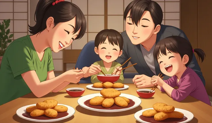 A scene of a family eating kushikatsu with smiles on their faces at the table .