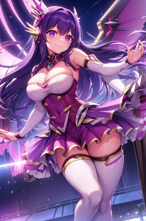  smiling 、Mechanical Wing、mecha wing、Thighs、tights、chest、 Shiny Purple Hair 、  1 girl、 solo girl、 headset 、 Pink Miniskirt、mecha girl、microphone、Idol