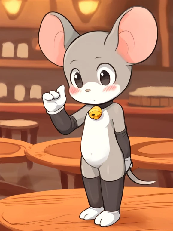   humanoid mouse,Round ears,black eyes, black round nose, Short tail ,Three toes  , four fingers ,  Grey Bodies ,thin, white chest ,White belly,White Hand,  white feet, black stockings,black long elbow pads , bell collar, blush,indoor,Pub,2D,((  best quali...