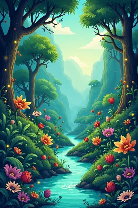 Creat a cartoon vector of magical jungle in VECTORand CARTOON Form