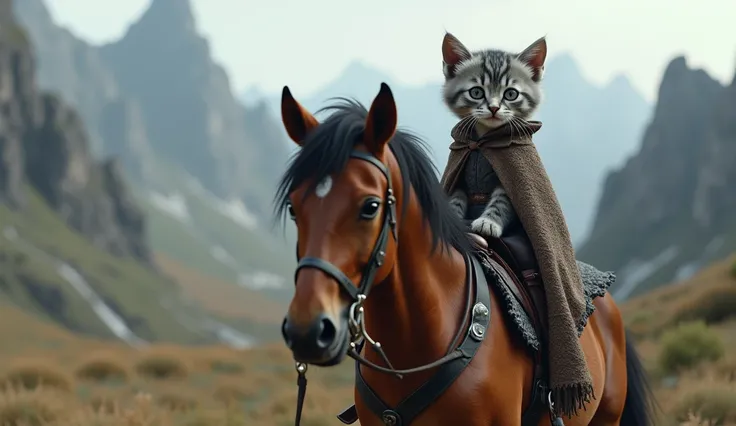 a kitten like Aria Stark from the Game of Thrones series, on top of a horse