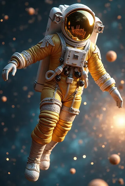 Design an artwork of an astronaut drifting through the cosmos, donned in a Christmas-themed spacesuit capturing the elegance of the holiday season. This spacesuit should feature a luxurious blend of gold and silver, mimicking shimmering Christmas ornaments...