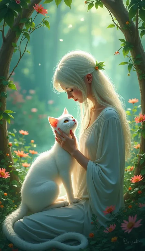 A serene scene of a person playing with a cat in a garden, symbolizing the bond between humans and animals. Arcane Art Style, league of legends style