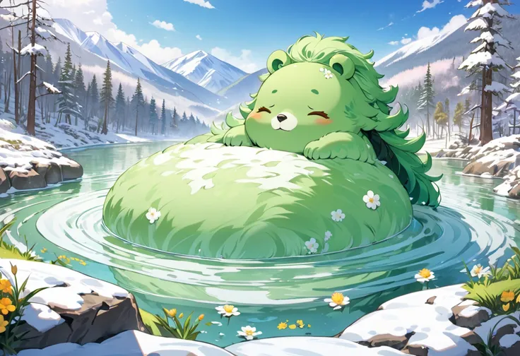 panoramic, (beautiful and delicate) (Spectacular views illustration), 
((Wide Natural hot spring bathing style)), break, age 312, solo, (((beautiful green Fluffy body hair skin))), in a Hot Spring Wear, ((hair flaps)), (vivid green hair), (long hair), (ult...