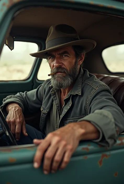 man in a hat with a cigarette in an old car