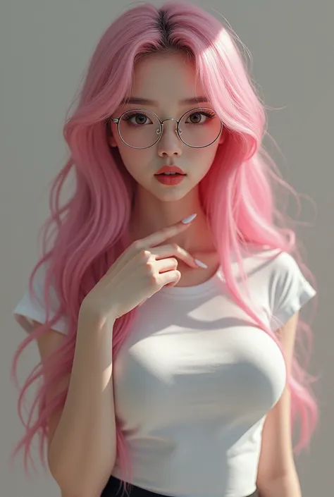 beauty chinese douyin girl with strong, long, and very sharp natural fingernails, long pink hair, glasses, tight white t shirt, short skirt, long legs,