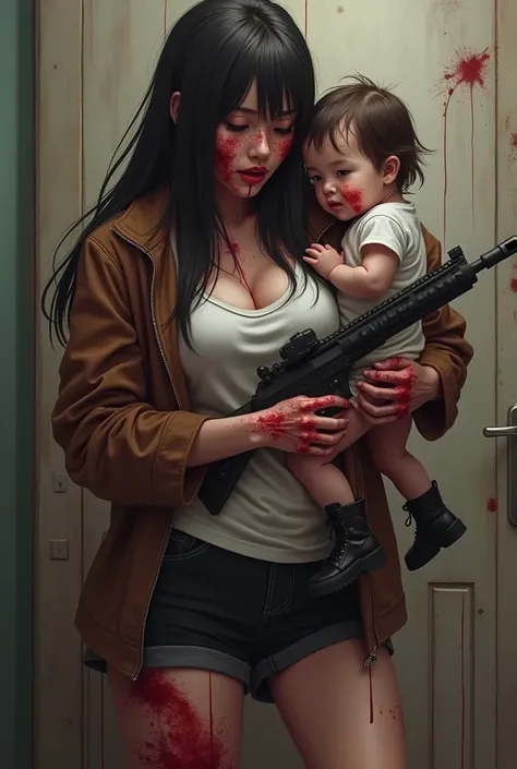 モンスターがwomanを攻撃している、モンスターの腕がwomanのお腹を貫通している、There is blood in the face 、woman、 holding a baby 、美しい日本人woman、 jacket、Im wearing a gun、 Im wearing black shorts、 wearing black short boots、 The monster is hugging the leg protecting the baby is covered with blood...