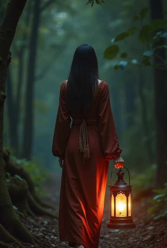 A realistic looking Thai woman with fair skin, aura, a good figure, beautiful, long straight brown hair, wearing a brown and red ancient Thai dress, walking holding an ancient lantern in the forest at night, with only dim light. The image is from a distant...