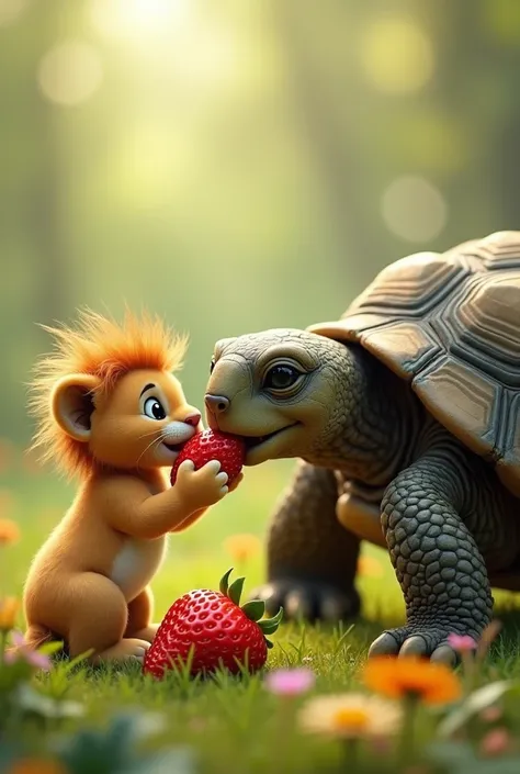 Generate a cute lion cub and a big turtle eating a strawberry