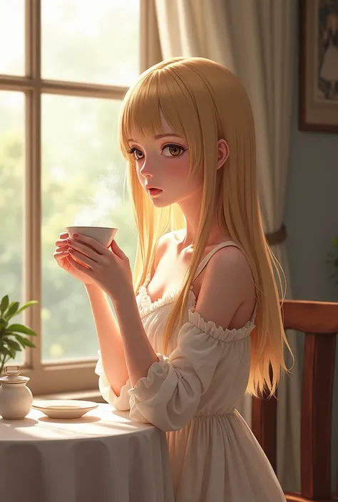 Beautiful girl with long straight blonde hair with bangs wearing a dress sipping tea by the window 