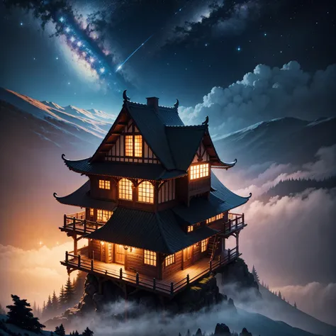 night， Rose Garden ,Log House,Sky，space， starry sky ,galaxy，(depth of fields)，soft，[fog，cherry tree，Real light and shadow， Painted Like ,Ethereal atmosphere,Bright colors, Cinematic Composition ，fantasy magic，Huang Li ，particle effects，Diffuse，(Monte)， Wat...