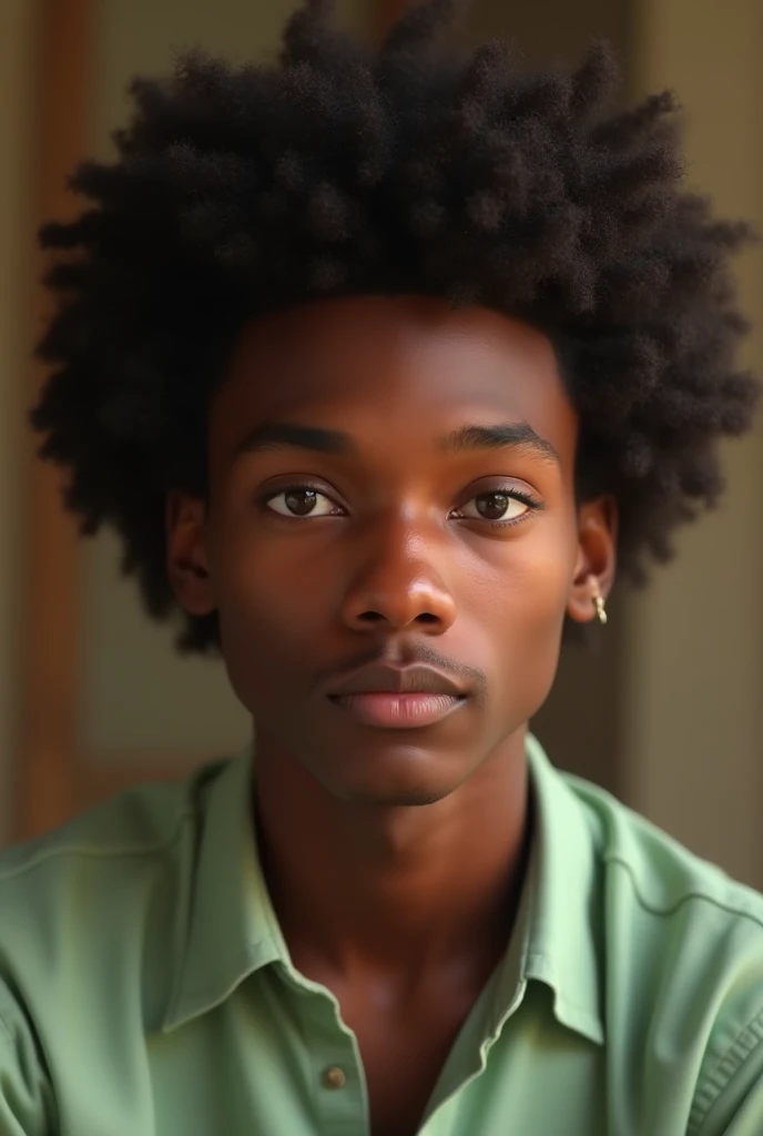 A hyper-realistic digital portrait of a young man with a warm skin tone and natural afro-textured hair. His facial features are well-defined with a soft, natural glow highlighting his high cheekbones and full lips. He is wearing a light green button-up shi...